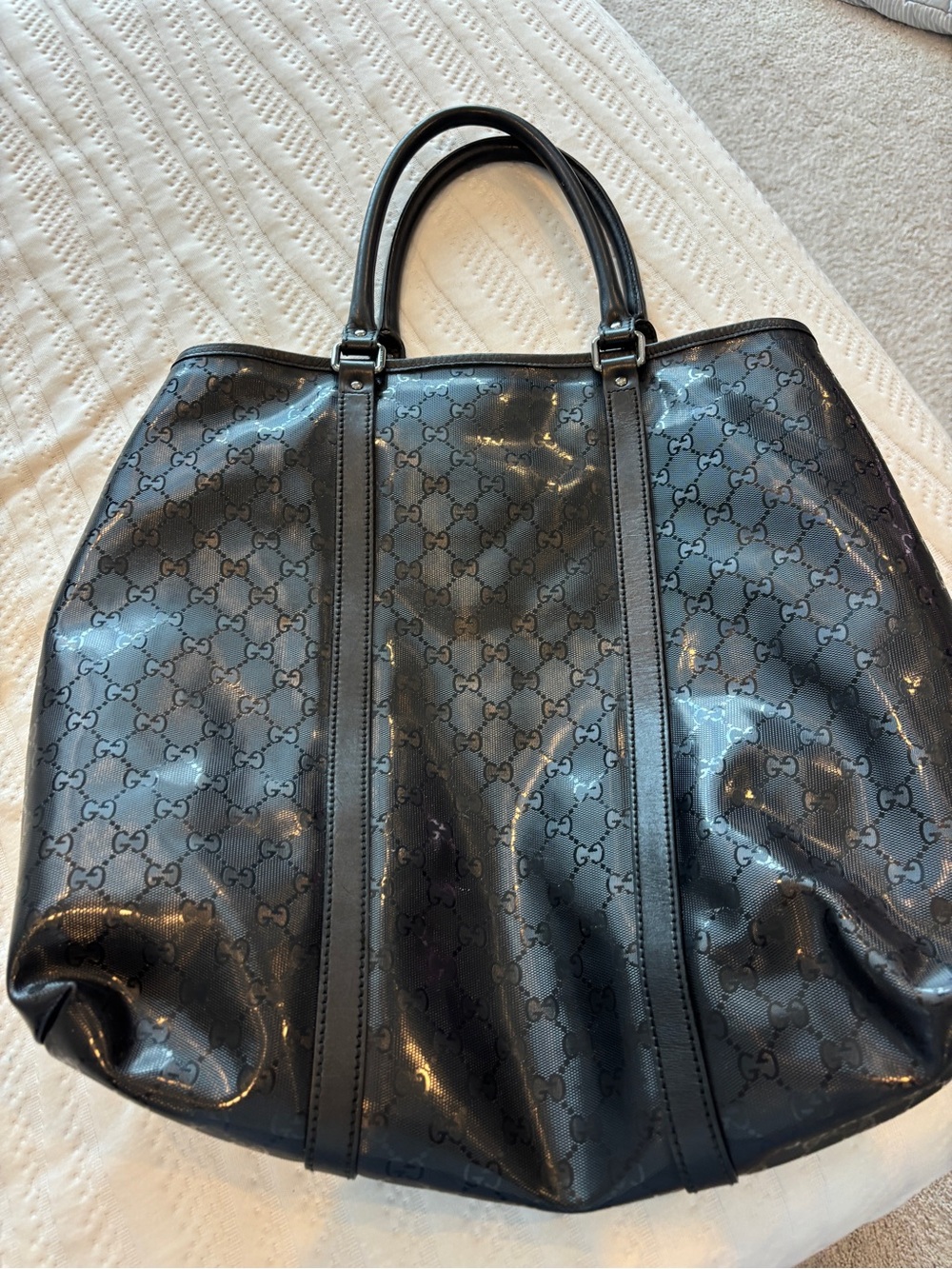 Gucci Black Glossy GG Monogram Patent Leather Tote Bag